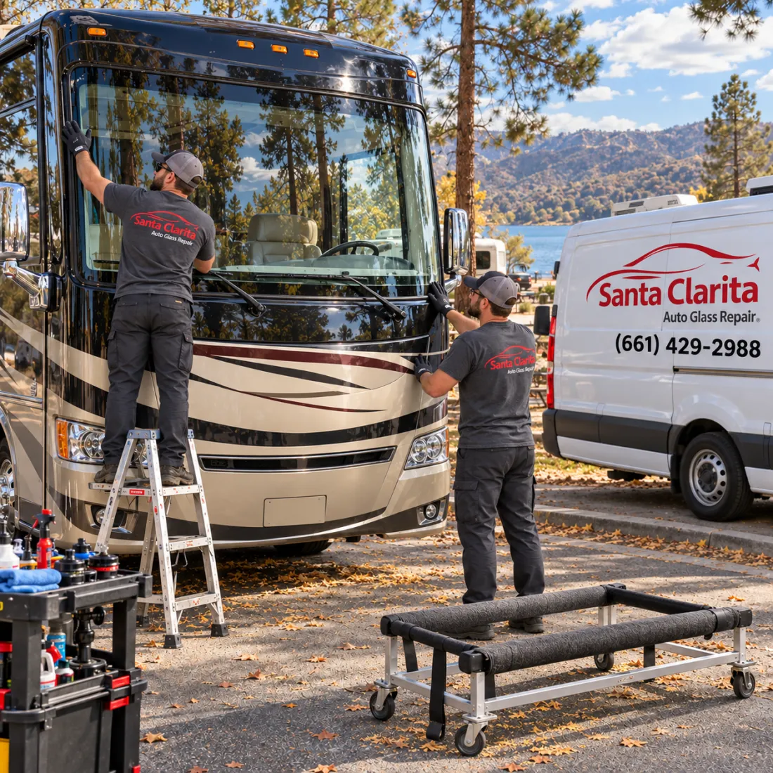 RV windshield installation inspection by Santa Clarita Auto Glass Repair technicians